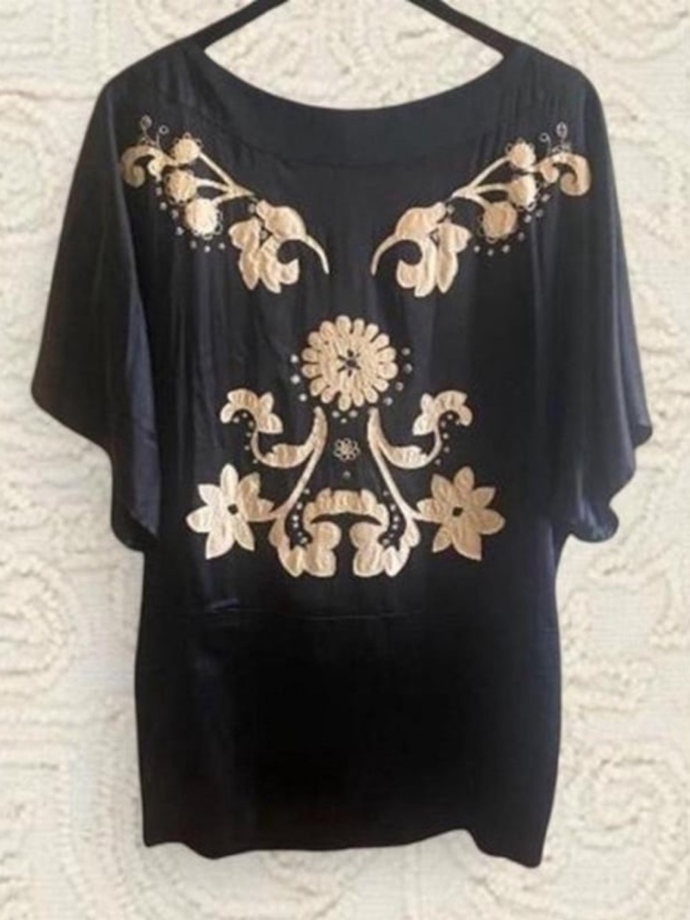 GUESS by Marciano Black Tan Floral Embroidered Kimono Slv Tunic/Mini Dress Large